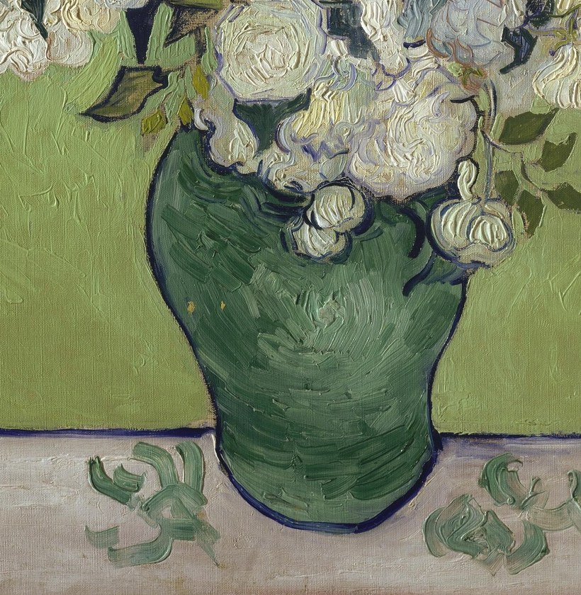 The compositional anchor; Van Gogh's directional brushwork makes the green surface vibrate with reflected light, treating ceramic as energetically as the flowers above it.