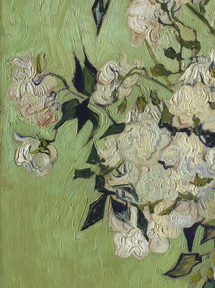 Several blooms here are past full bloom , petals loosening, stems bowing. Van Gogh's inclusion of dying flowers alongside fresh ones is a quiet memento mori.