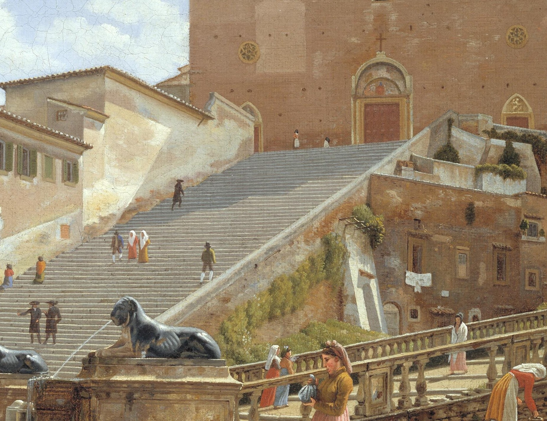 The sharp lines and receding perspective of the steps create a dramatic sense of depth and draw the viewer's eye upwards.