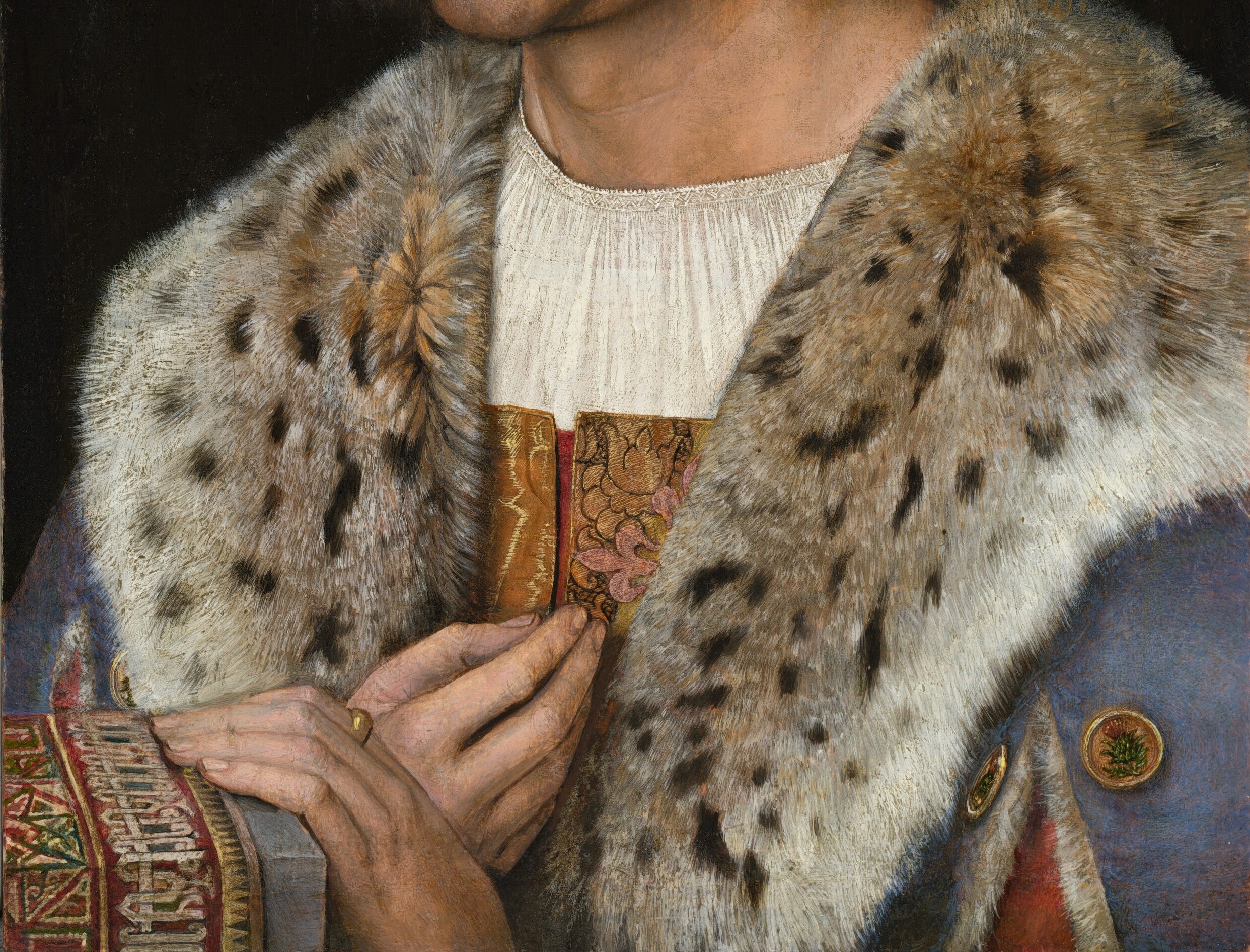 The fur mantle is lynx, every spot painted hair by hair.