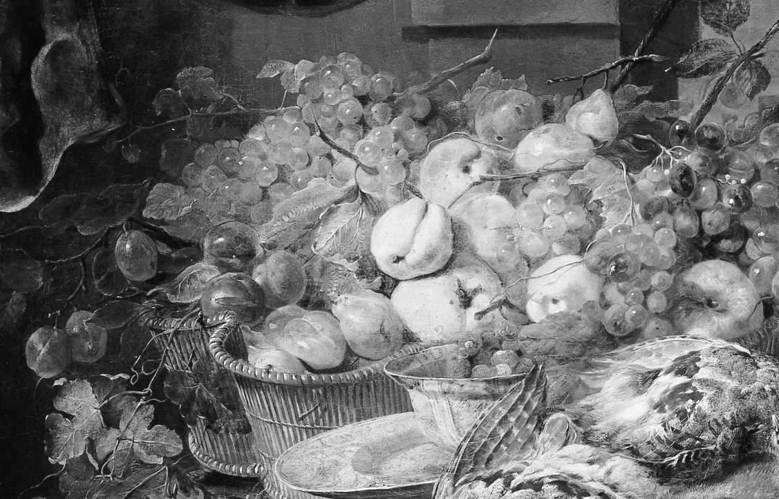 The basket is a formal anchor for the composition; grapes catch highlights that demonstrate Fyt's luminous surface technique.