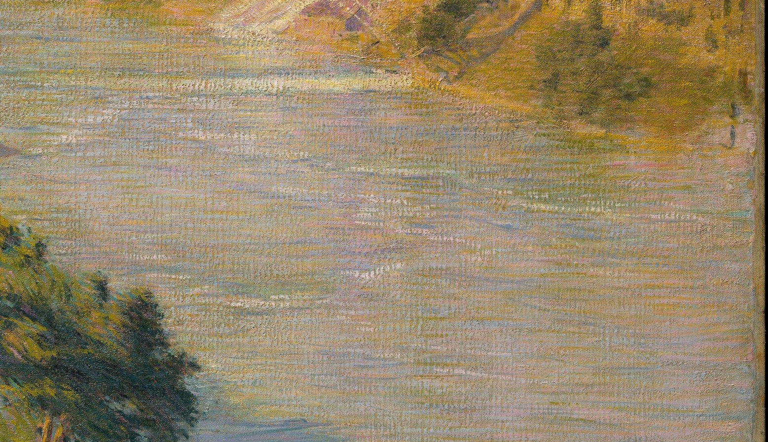 The vast, glassy sheet of water occupying most of the canvas; its eerie smoothness just before the drop creates quiet menace that contrasts with the implied violence below.