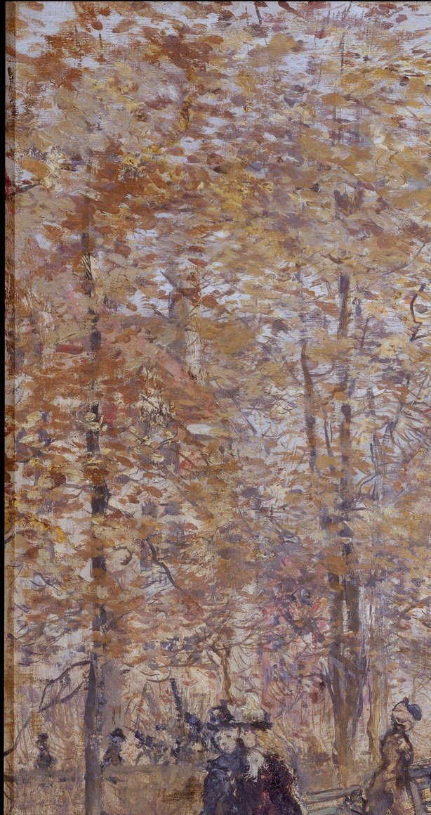Skeletal branches criss-cross the left quarter, functioning as a natural frame and calendar , the painting is explicitly set in late autumn or winter, an unusual choice for a civic portrait.
