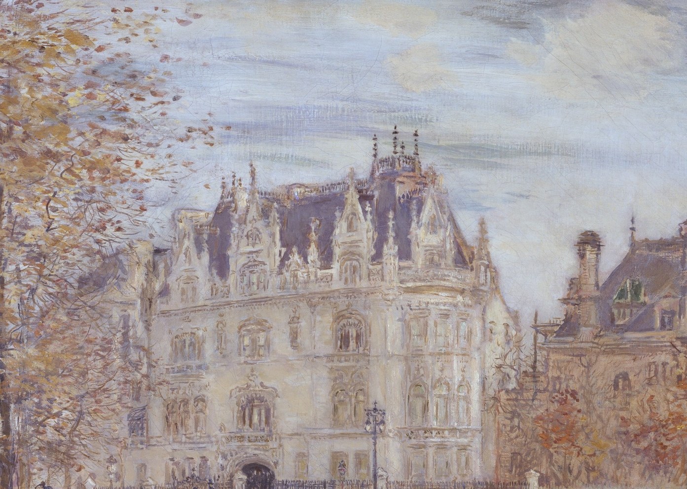 The raison d'être of the painting , French Renaissance-revival stone front with dozens of individually sketched windows and dormers; Raffaëlli's loose brushwork turns it into an almost impressionist lacework of stone and shadow, a building that no longer exists in this form.