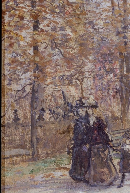 Three or four figures in heavy black or dark-blue coats with period silhouettes create the painting's strongest human mass; their stillness against the open sandy ground reads as social promenade, a ritual of being seen.