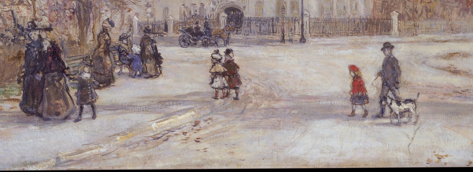 Raffaëlli applies warm ochre and cream strokes in a near-abstract horizontal band; the textured ground is a signature passage showing how little paint is needed to imply gravel and dust.
