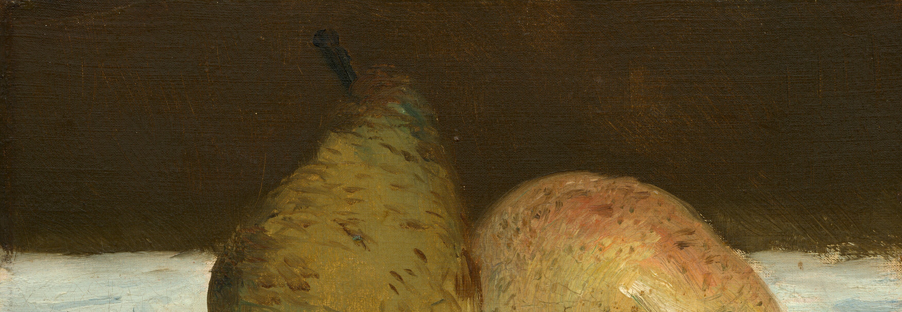 The deep, undefined background isolates the pears, making their forms and colors more prominent.