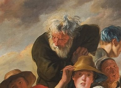 His weathered face and wise expression add a sense of gravitas and history to the scene.