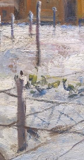 These posts create a sense of enclosure and guide the eye through the composition, suggesting boundaries.