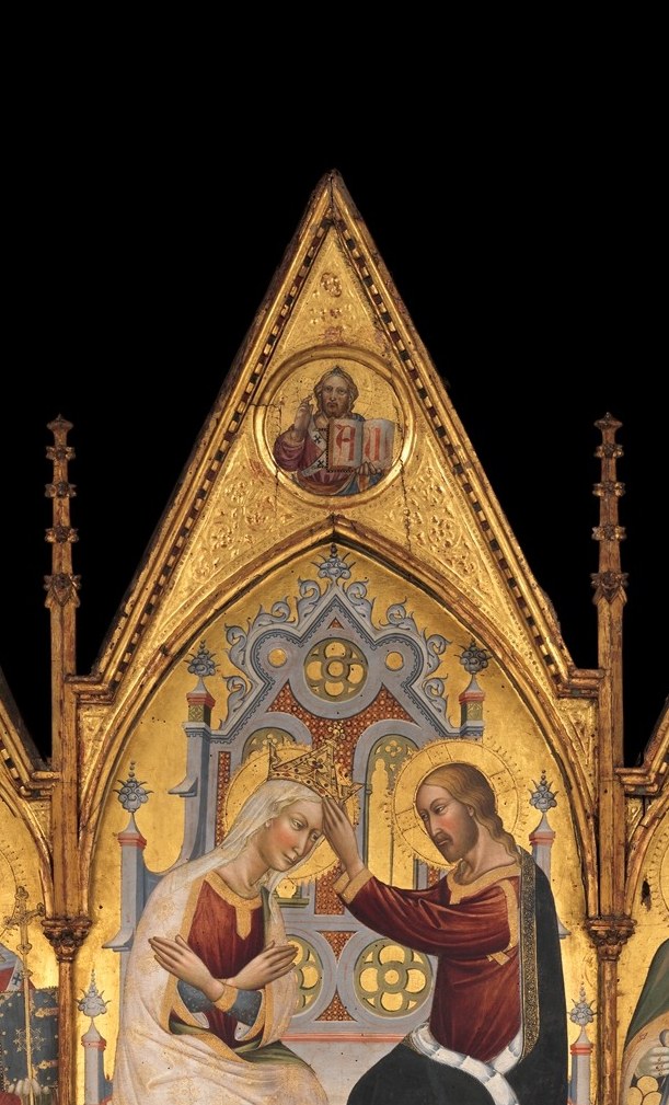 The pivotal theological moment , Mary as Queen of Heaven , compressed into a single pair of figures; the gold throne and encircling angels stack the entire cosmic hierarchy into one tight frame.
