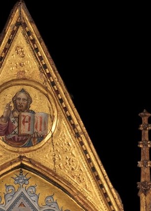 Behind her, a golden orb: Christ rules the world.