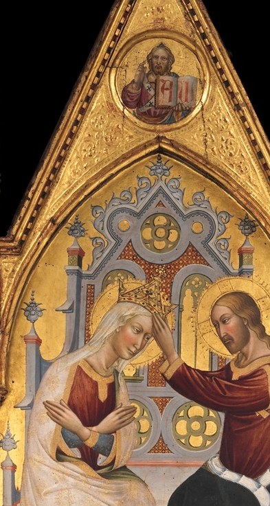 Mary kneels to receive the crown.