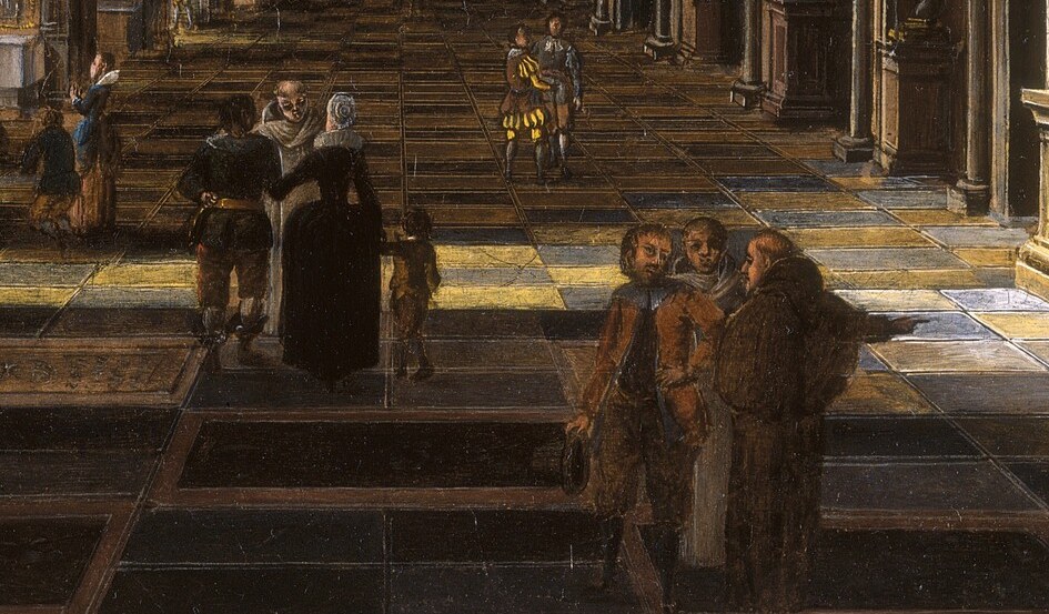 Small figures show daily life within this grand space.