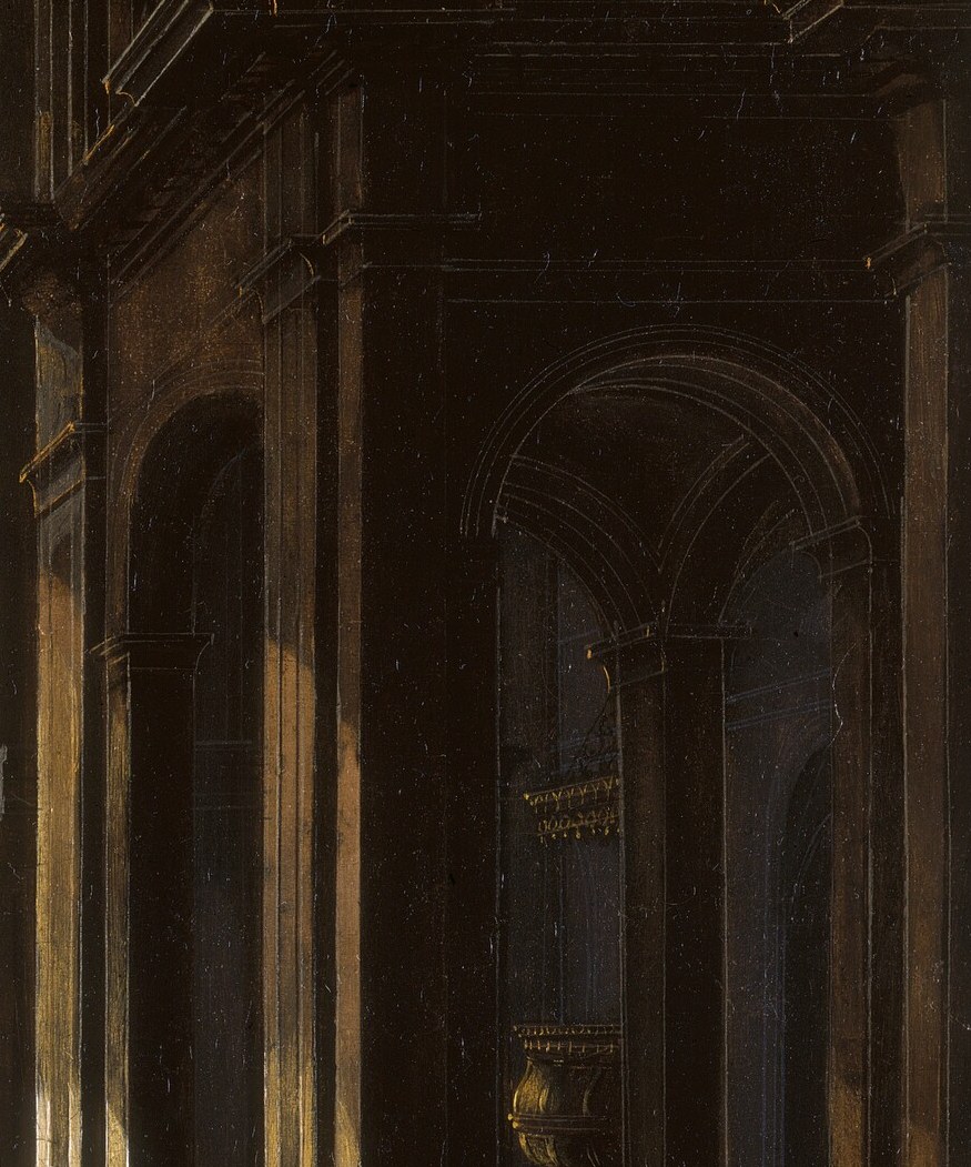 Chiaroscuro, a contrast of light and shadow, creates this atmosphere.