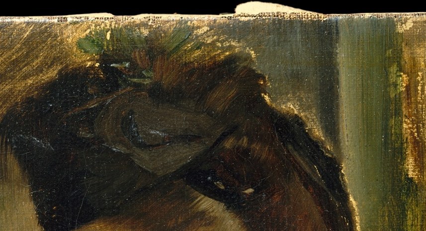 The hat is a strong social marker of the 1860s bourgeoisie; its dark mass frames her pale face and anchors the upper composition.