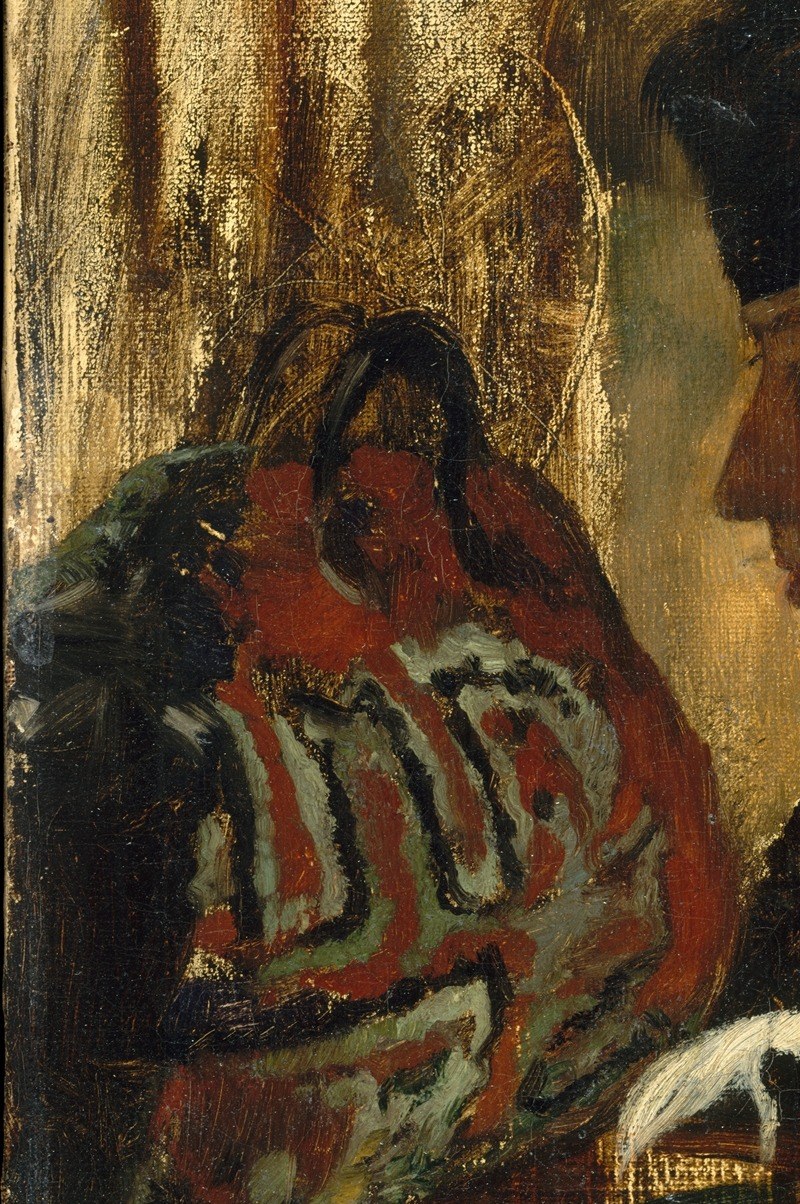 This boldly patterned object , possibly a decorative cushion, rug, or folded shawl , dominates the left third; its ethnic or orientalist motifs contrast with Marie's Western dress and may hint at collector taste.