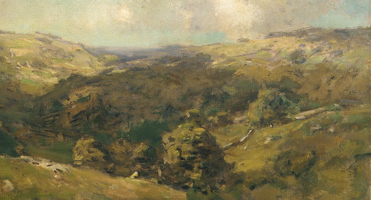 Thick paint gives the land texture.
