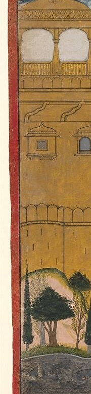 The scroll's visual anchor , a concentrated ink-dark tree cluster frames the hunt's starting point and sets the tonal contrast against the pale open ground beyond.