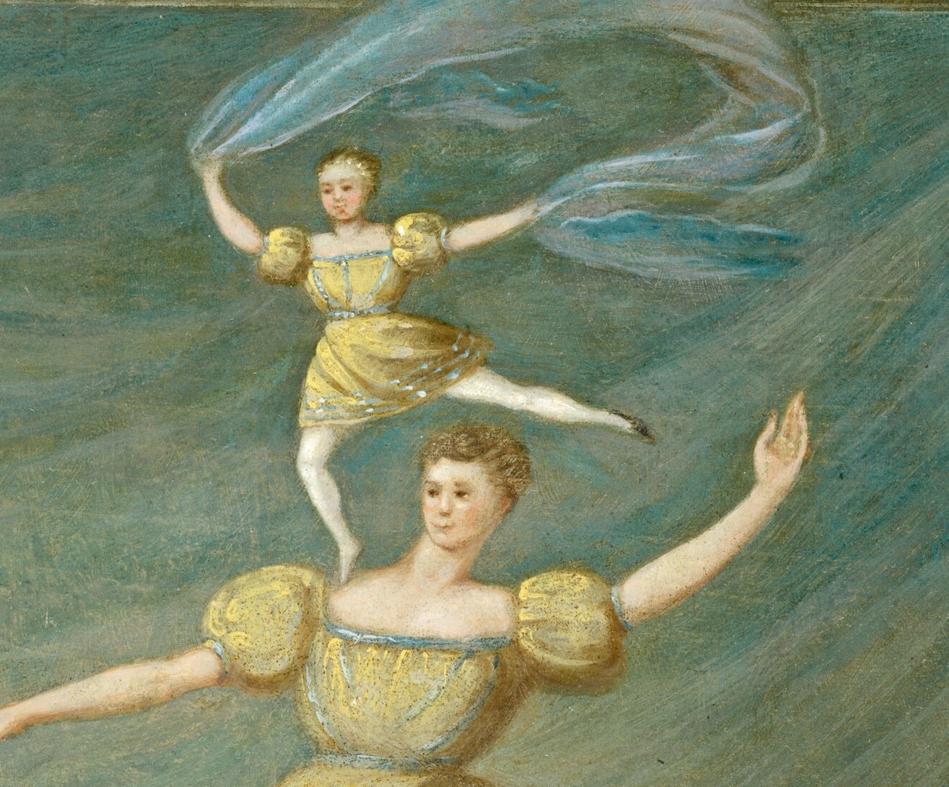 And the second acrobat, floating on the man's shoulders.