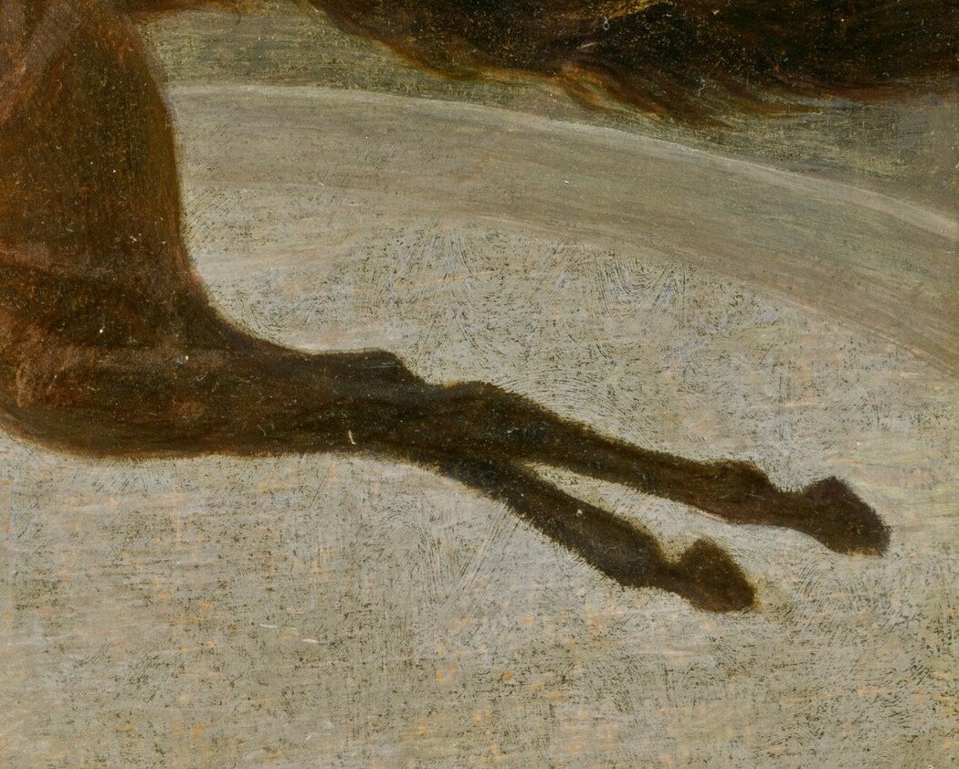 The brushwork on the horse's coat is coarse, tactile, almost furry.