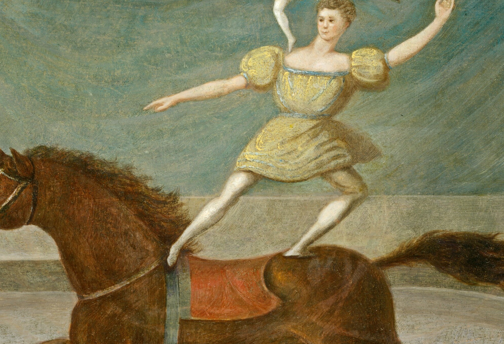 Notice the acrobat's hands, balancing on the horse's flank.