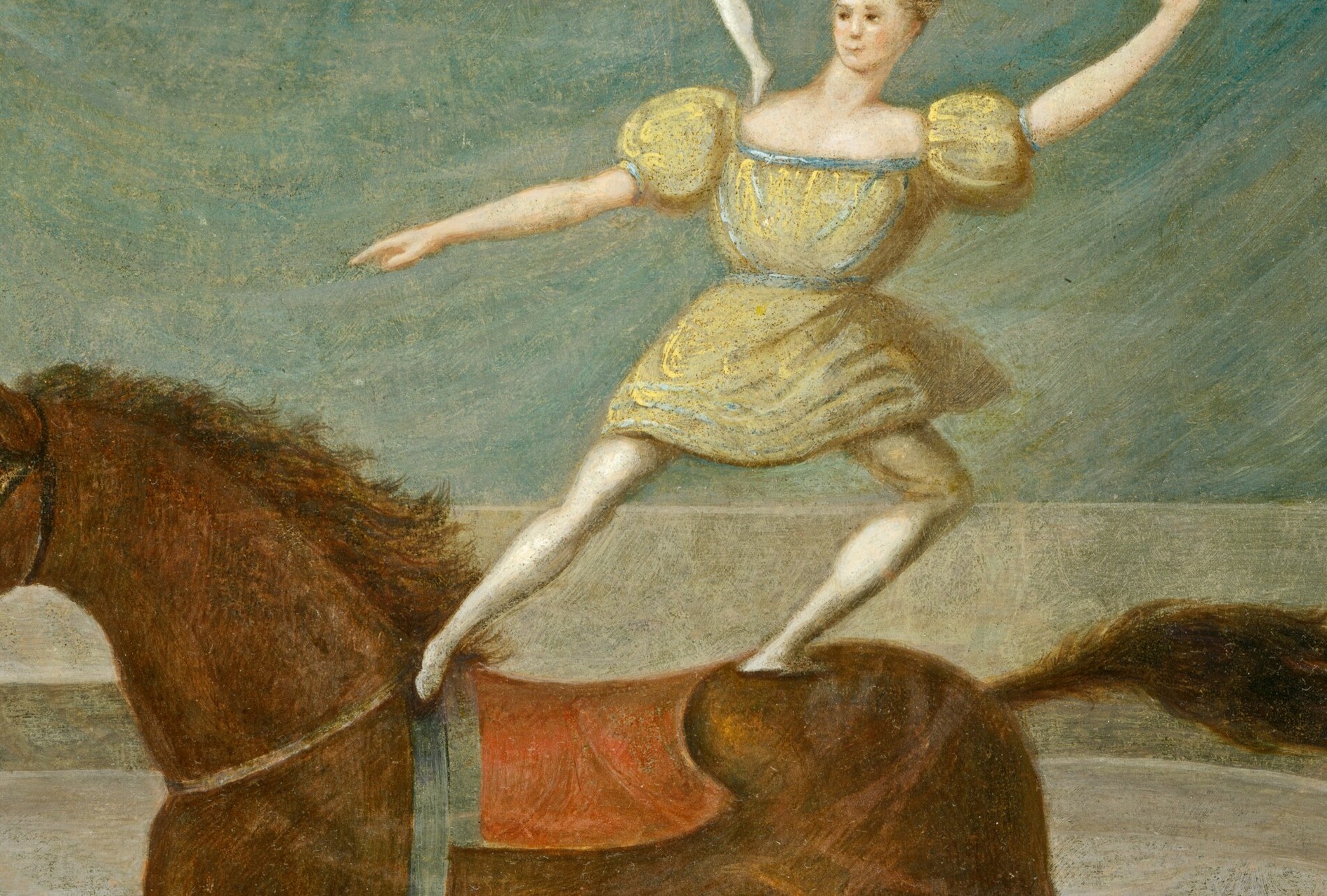 Their yellow costumes are painted with luminous smoothness.