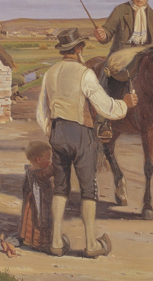 The farmer stops his work, turning from the grindstone.