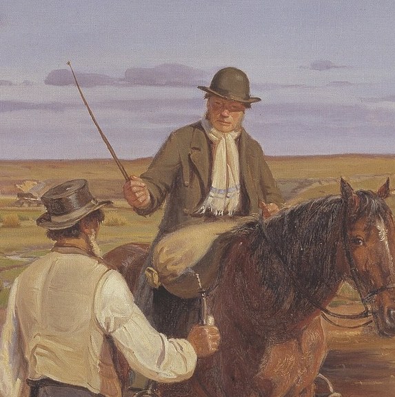 The stranger on horseback waits, crop in hand.