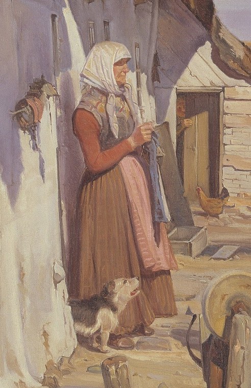 A woman watches from the doorway, a child beside the farmer.