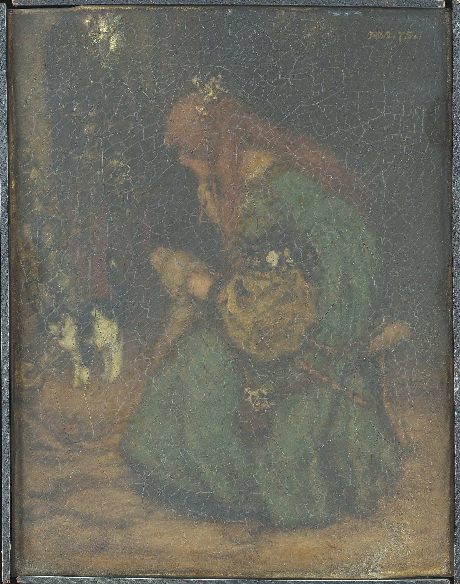 The deep, ambiguous shadows in the background contribute to the painting's mysterious and dreamlike atmosphere.
