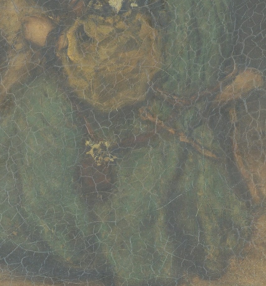 The rich, textured green fabric dominates the lower half, creating a sense of depth and opulence.