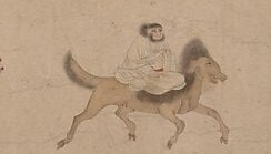 This figure, with its calm demeanor, riding a horse, contributes to the procession of celestial beings.
