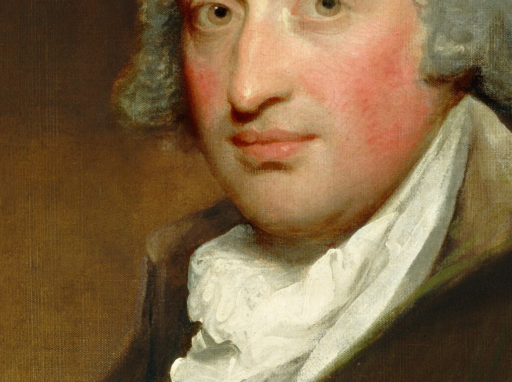 The crisp, ruffled white stock signals gentlemanly status in the 1790s; its bright value anchors the composition and frames the face.