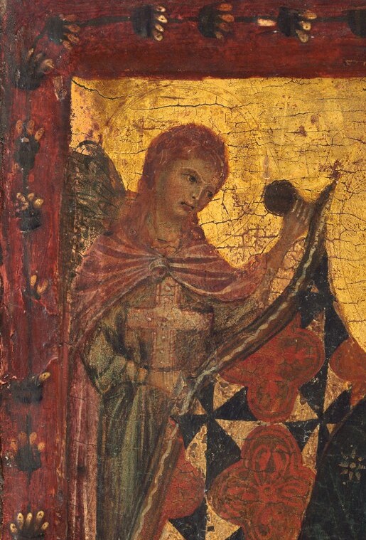 The angel grips the richly patterned cloth, physically staging the sacred space , a theatrically medieval idea of divine ceremony