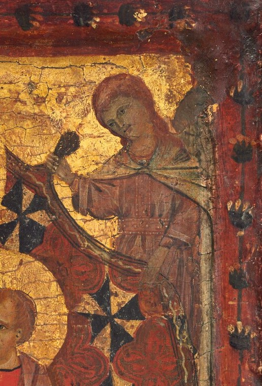 Symmetrical counterpart to the left angel; together they transform the painting into a liturgical curtain-raising, framing the Virgin as an enthroned empress