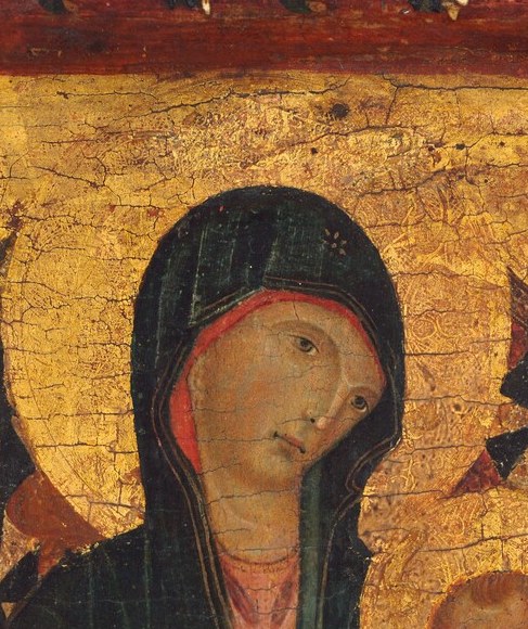 The severe, flat frontality and dark outlining mark the Byzantine heritage , a direct, hieratic gaze that commands devotion rather than invites intimacy