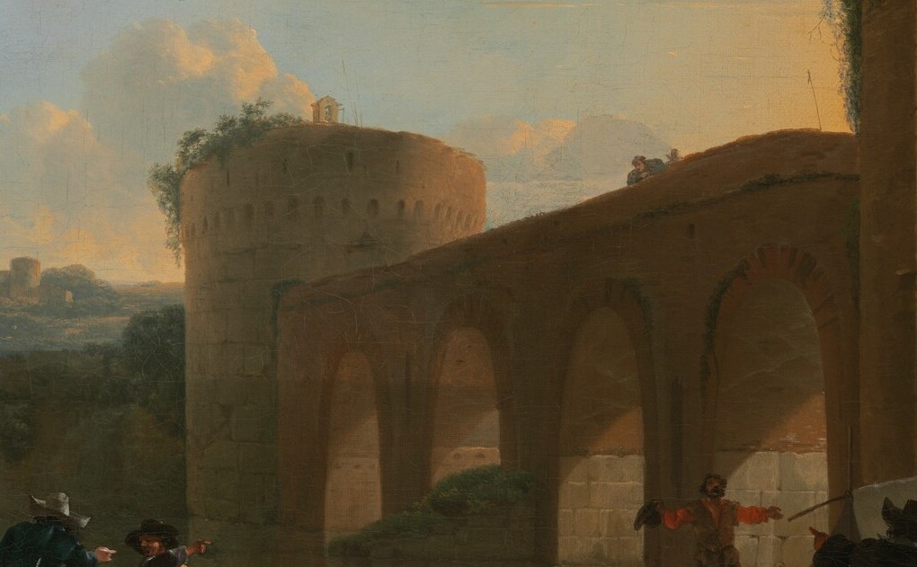 The multi-arched Roman bridge is the painting's historical anchor , site of Constantine's defeat of Maxentius in 312 AD, here shown as a working crossing bathed in evening light.