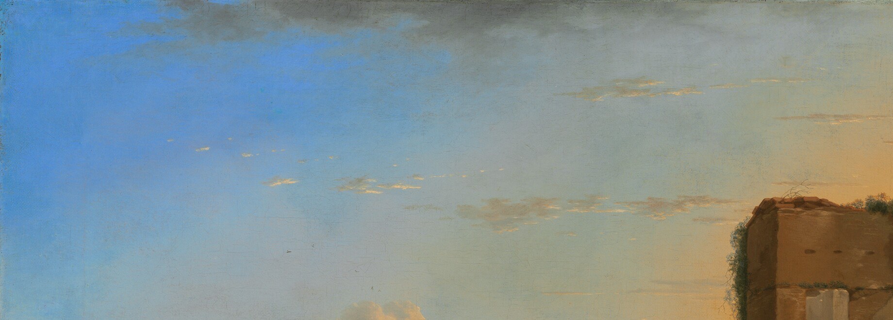 The sky occupies nearly half the canvas , pinks, oranges, and cream whites show Asselijn's proto-Claudian handling of atmospheric light and set the entire emotional temperature of the scene.