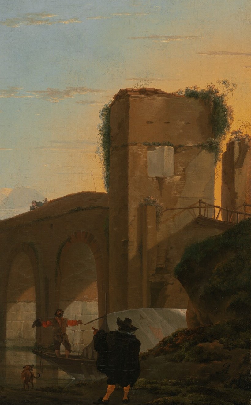 The dominant architectural mass of the composition; its warm-lit face contrasts with shadowed recesses, demonstrating Asselijn's tonal bravura and evoking Rome's layered antiquity.