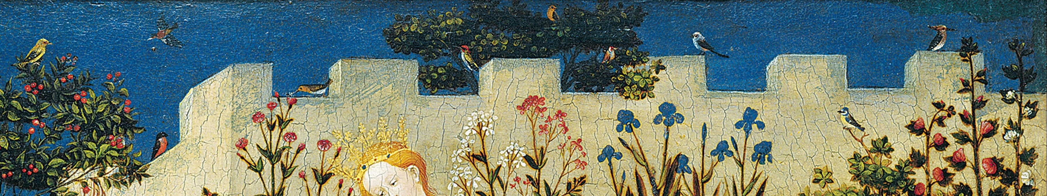 Each species carries Marian symbolism , iris for sorrow, peony for paradise, rose for love , and the naturalism is historically remarkable for circa 1410