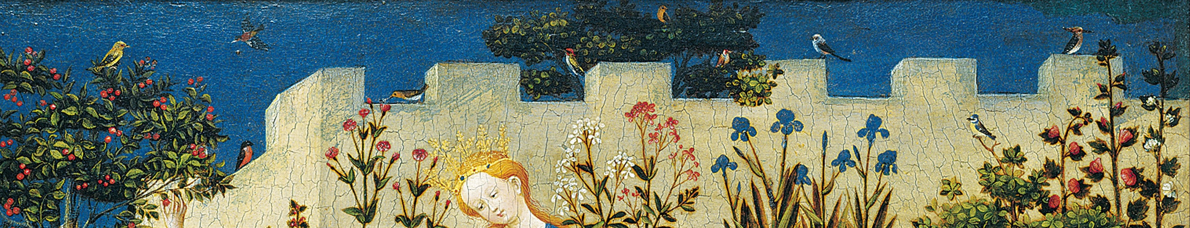 The wall defines the hortus conclusus , the closed garden as emblem of Mary's virginity; its battlements give the paradise a fortified, otherworldly character