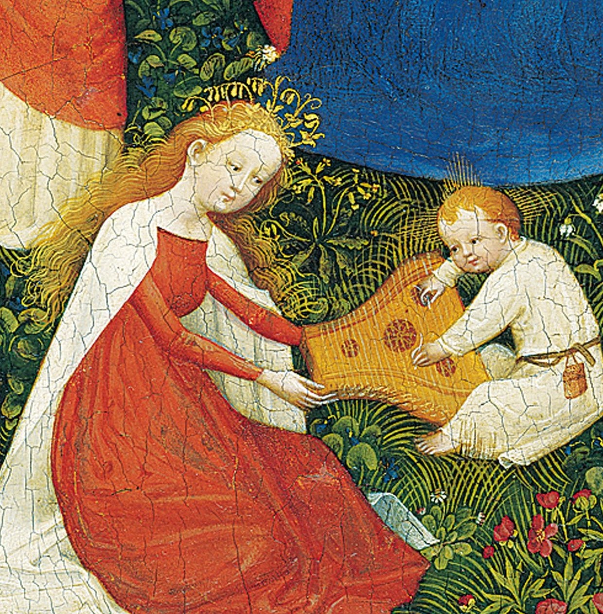 Music-making angels appear here with believable physicality for 1410 , fingers on strings, body angled toward the instrument , a striking naturalistic passage