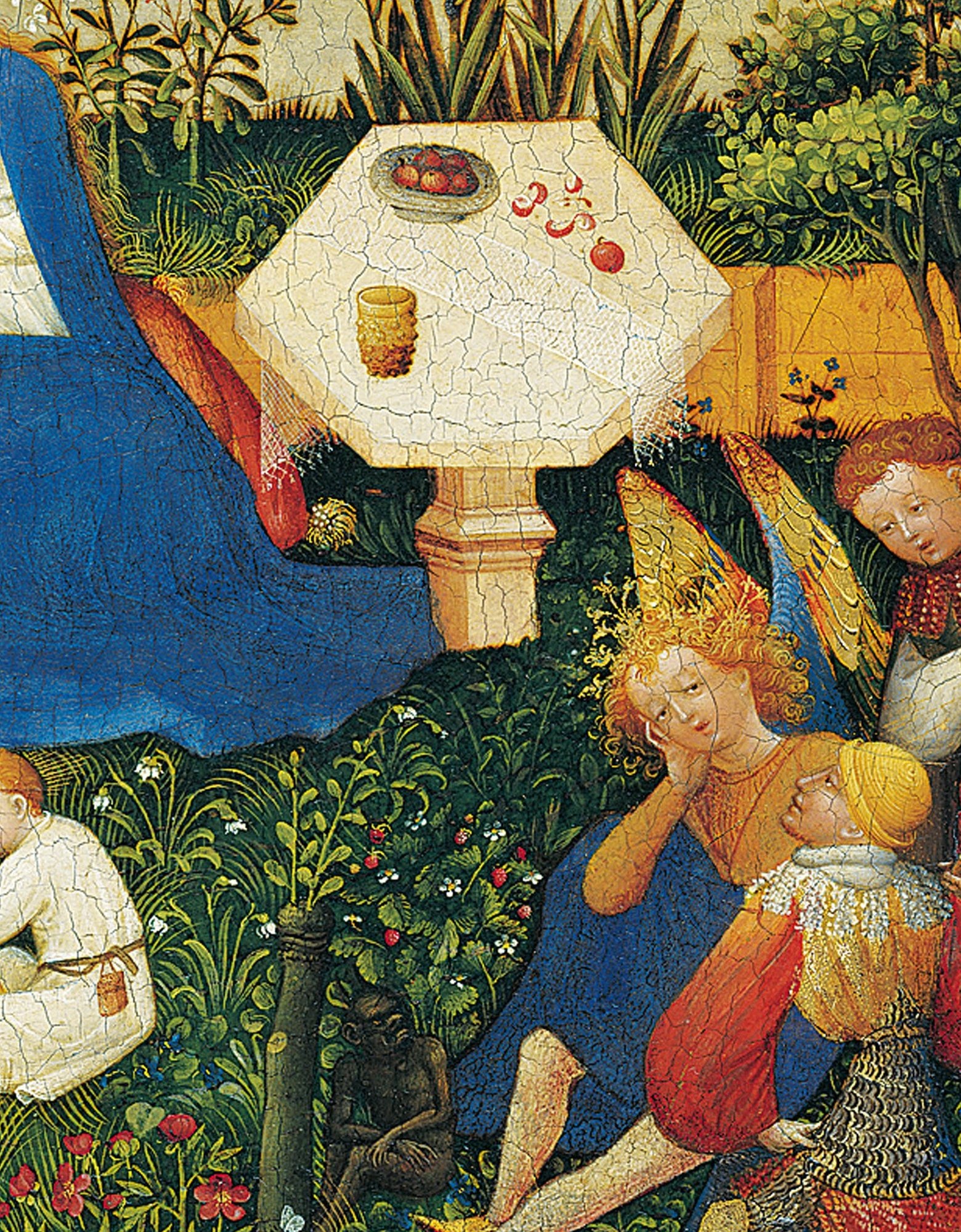 One angel holds what appears to be a scroll or book while reclining , their golden wings and relaxed postures convey paradise as a space of contemplation, not ceremony