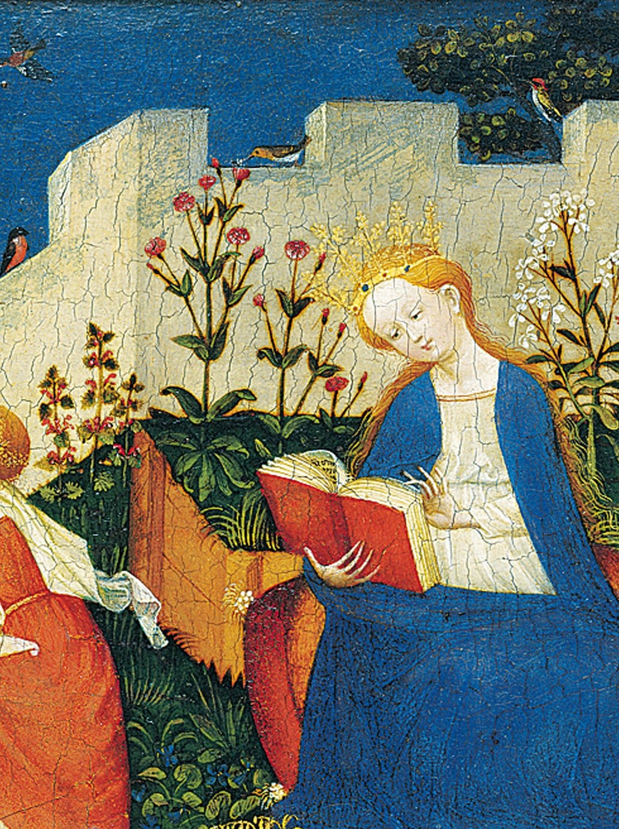 Central devotional focus , her downcast gaze and open book signal lectio divina; the contrast of red book against deep blue mantle is the compositional anchor