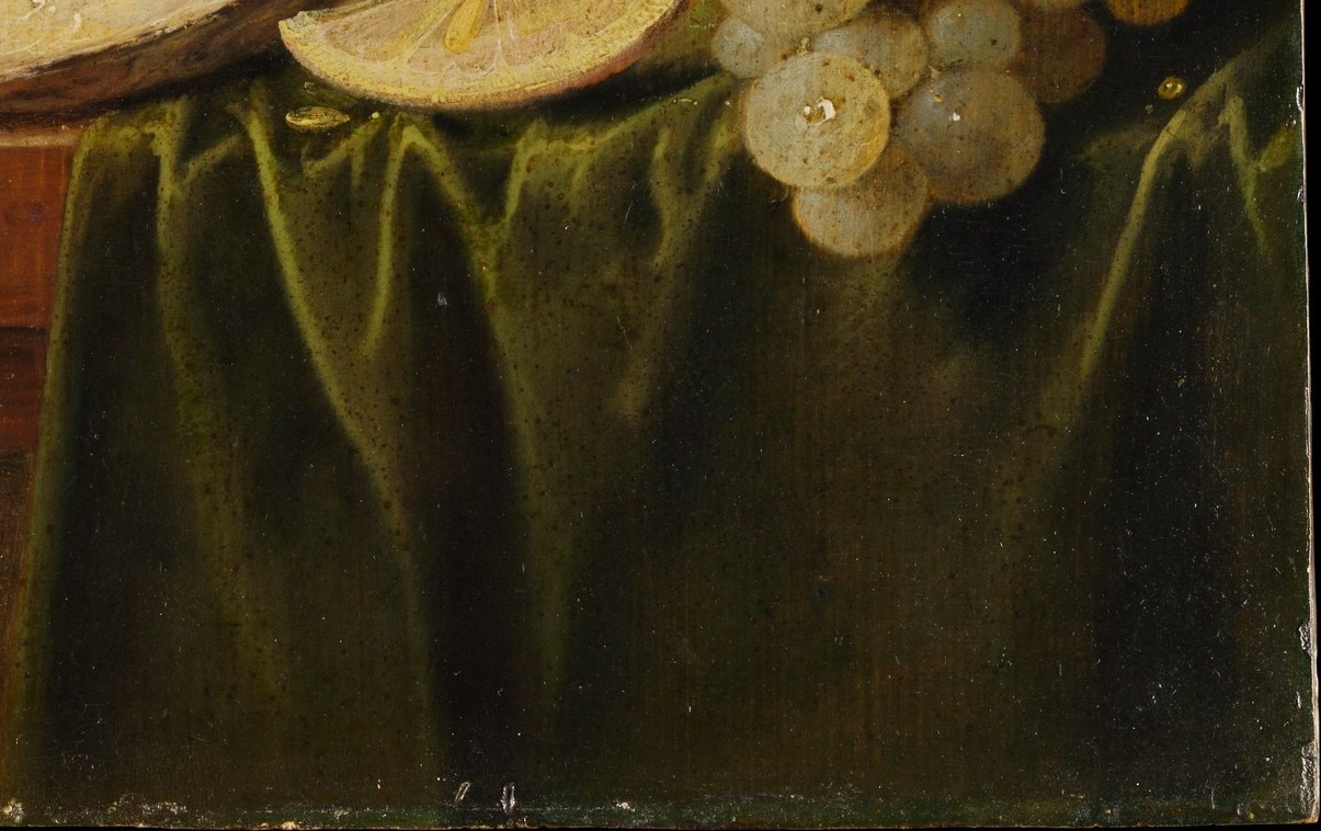 The velvet-like textile unifies the lower half and sets off the cool whites of oysters and lemon; its deep shadow prevents the eye from drifting off the bottom of the composition.