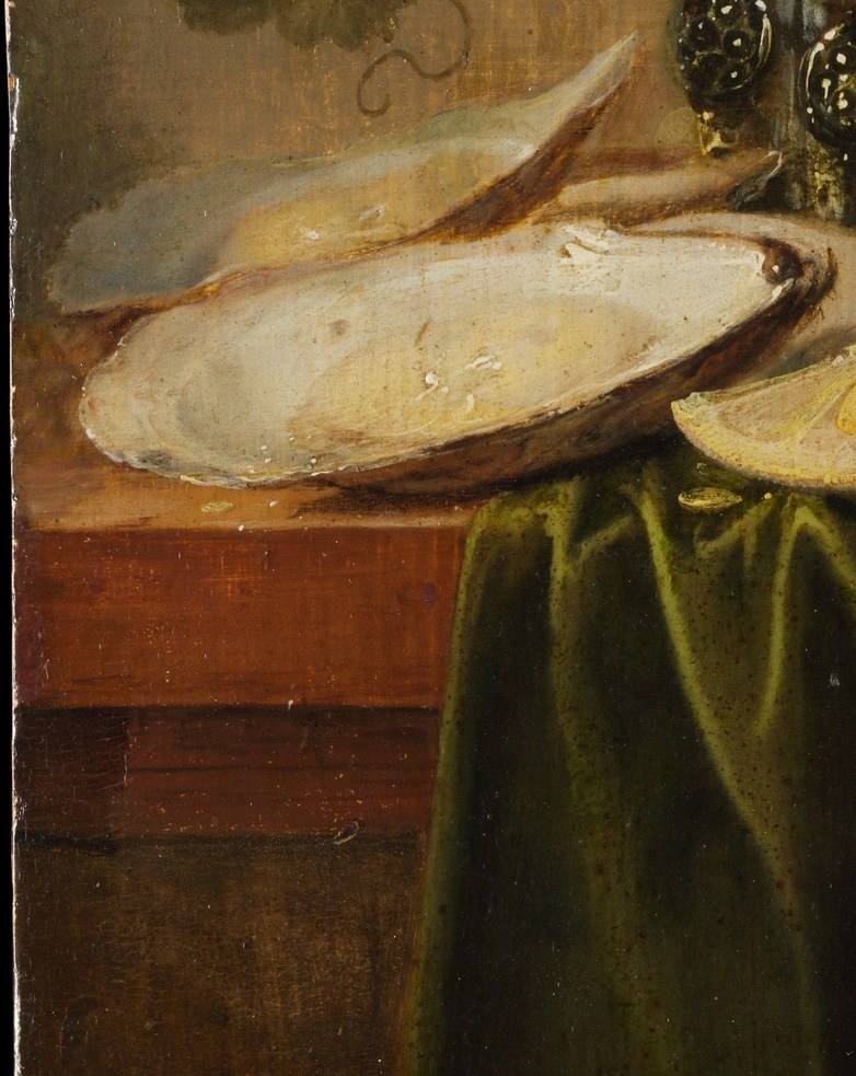 Oysters carried an explicit aphrodisiac meaning for 17th-century viewers; their glistening interior and half-open shells made them a coded invitation. The pewter plate's silvery-grey reflection adds textural contrast.