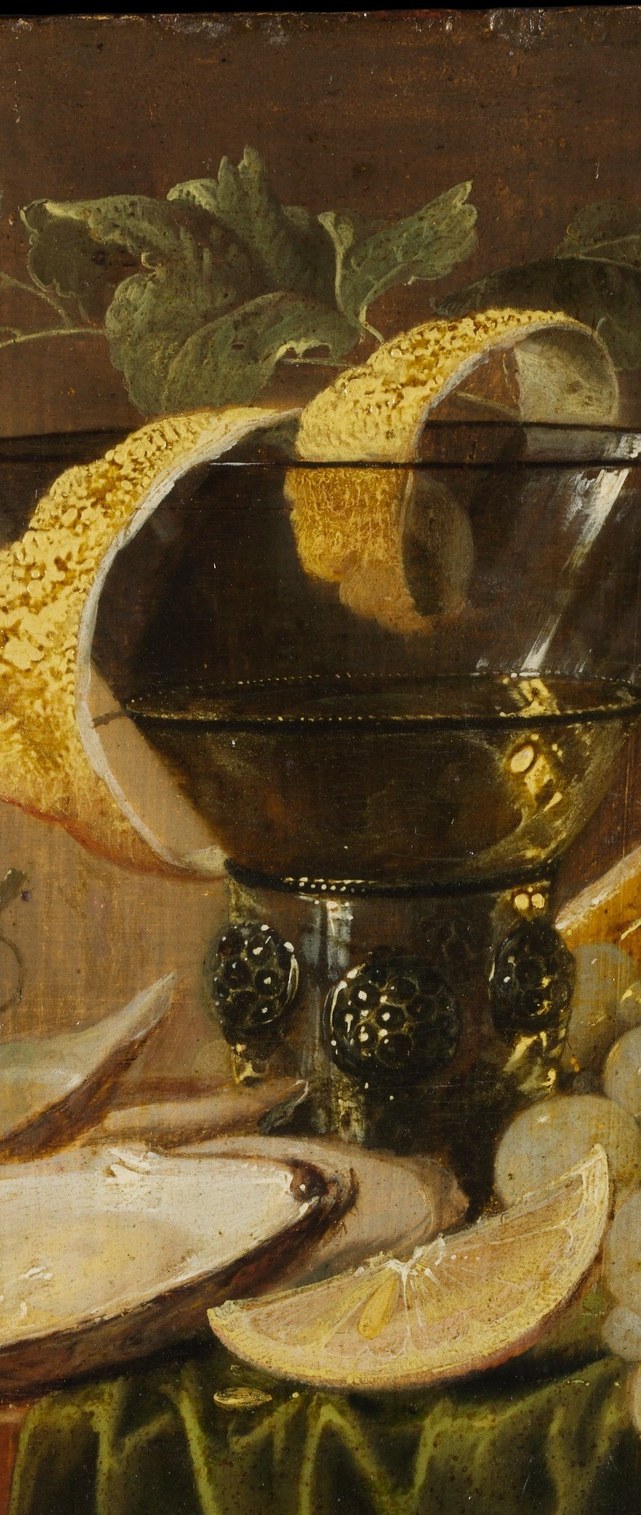 Compositional anchor of the whole painting; de Heem renders the green glass with extraordinary transparency , the wine inside glows with trapped light, a tour de force of optical illusion in oil.