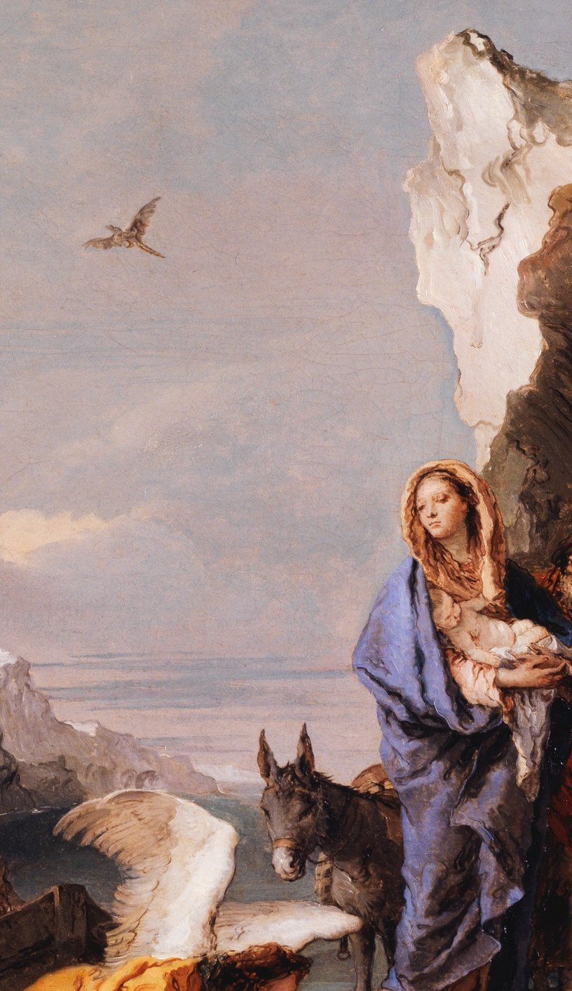 The single largest colour mass in the painting; Tiepolo's late loose brushwork is visible here, with almost impressionistic flicks of blue-grey defining volume without tight modelling.