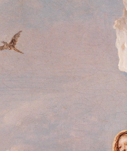 The infant's posture , reaching or resting , against the sweeping blue mantle creates the compositional heart; the tenderness is compressed into a small passage.