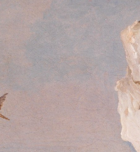Her slight downward tilt and serene expression anchor the devotional mood , a close-up would reveal Tiepolo's loose, feathery strokes building the flesh.